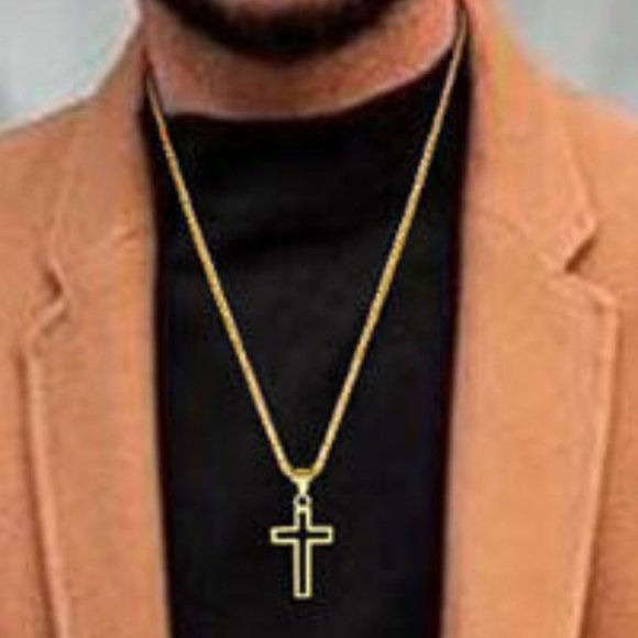 New Men's 18k Gold Over Silver Cross Necklace - Picture 2 of 5